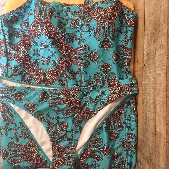 Turquoise Paisley Print Tankini Size L Asymmetric Ruched Side Top Bikini Bottom - Picture 6 of 8